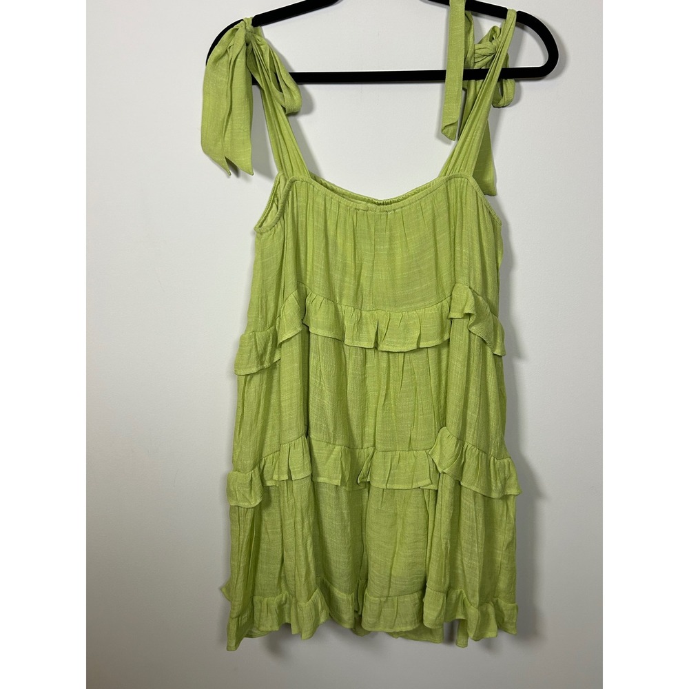 HYFV‎ Lime Green Tiered Ruffle Tie Shoulder Mini Dress Size L boho cottagecore